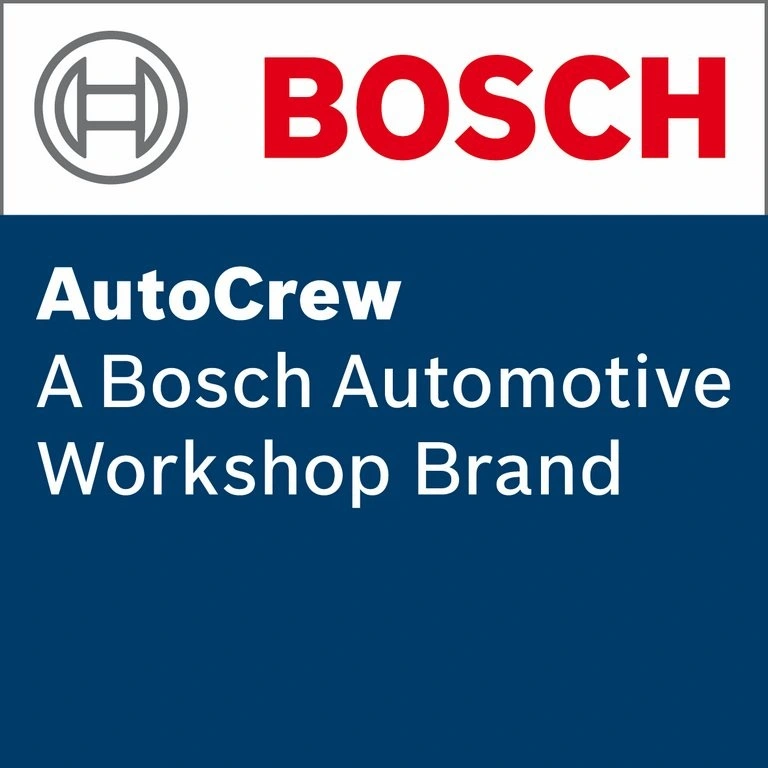 Bosch AutoCrew logo met Bosch-embleem en de tekst “A Bosch Automotive Workshop Brand” op blauwe achtergrond.